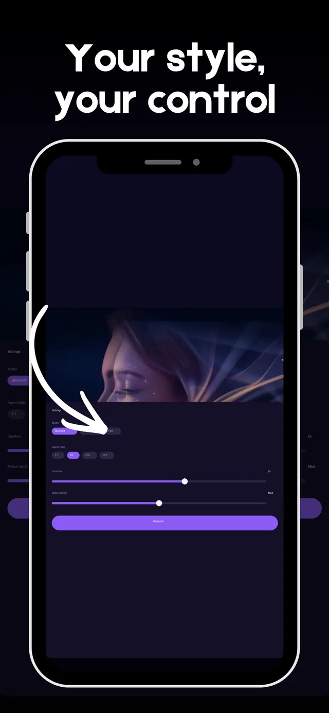 Drift settings panel — model, aspect ratio, duration, and motion depth controls