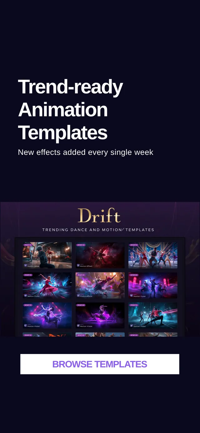 Drift template gallery — trending dance and motion AI video templates, updated weekly